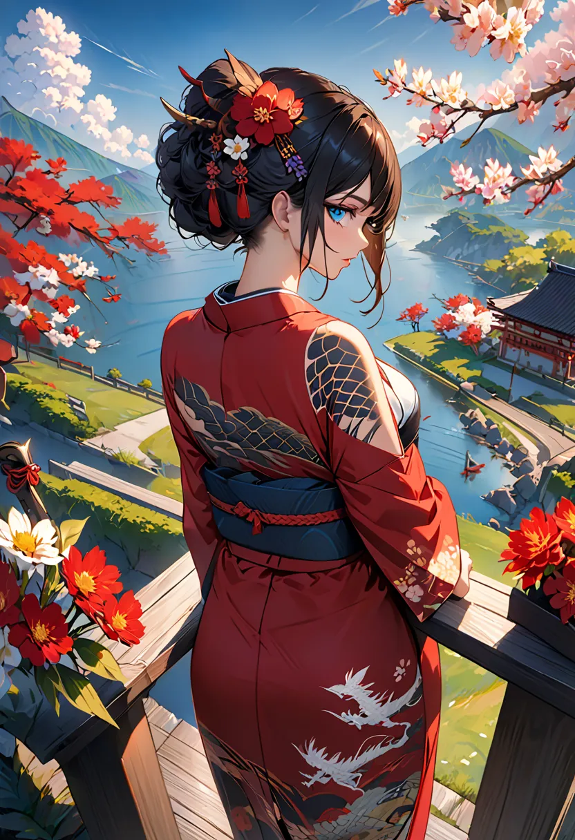 masterpiece, Top Quality, best quality, official art, Beautiful and Artistic:1.2),1 girl, tattoo, Alone,  kimono, Red and black kimono, HAIR ACCESSORY, unsheathing,  black hair, sheath, back tattoo, dragon tattoo, Blue Eyes, Off Shoulder, bare shoulders, f...