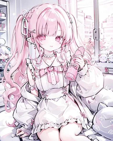   1 girl, accurate depiction down to the smallest detail, Extremely Accurate Face,  white skin, Detailed Makeup,  red lips, pink eye, short twin tails, medium, light pink hair, curly hair, white ribbon accessory, beautiful big breasts,  Long Sleeve, white ...