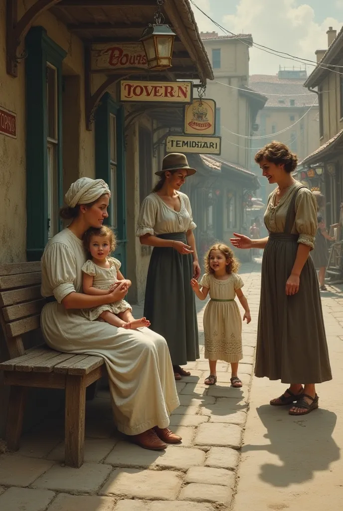 In the 1900s, a woman holding her daughter on a bench in front of a tavern and another woman talking while two girls were playing in the street