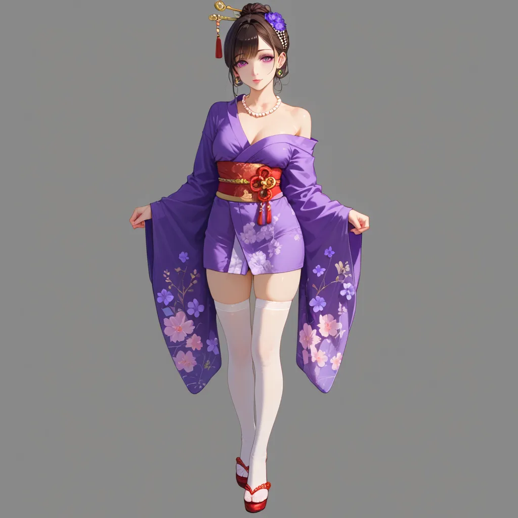  A  sexy asian woman, big dark purple eyes with red makeup, 32 years old, dark brown hair, wavy bangs, fringe, big pearl beads on the neck, red lipstick,  naked, no background, silk short dark-purple kimono, japanese traditional high hairdo with purple flo...