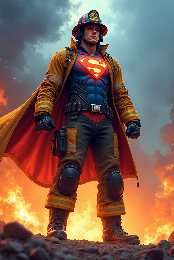 A fearless hero wearing a detailed firefighter uniform, with helmet,  gloves and sturdy boots . Your fireman's jacket is half-open, revealing a blue and red suit underneath, with a glowing symbol on the chest, similar to that of a legendary superhero.  He ...