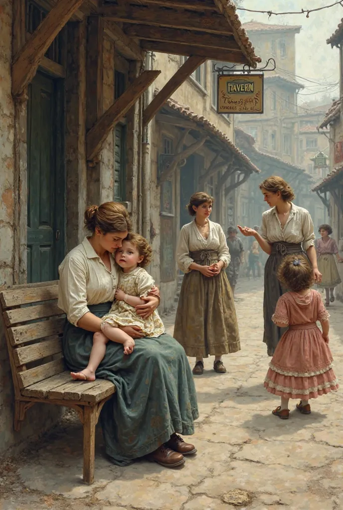 In the 1900s, a woman holding her daughter on a bench in front of a tavern and another woman talking while two girls were playing in the street