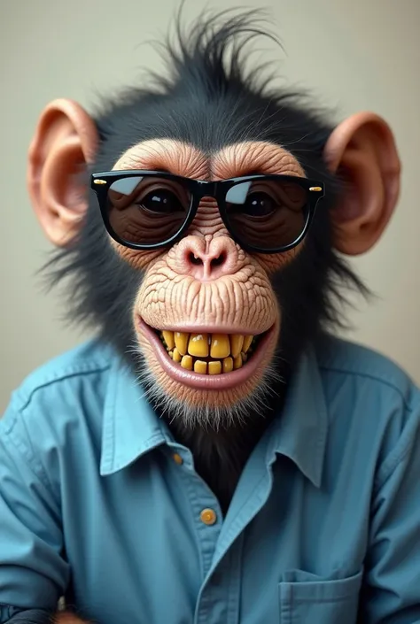 A monkey having golden teeth , wearing blue shirt and also wearing sunglasses of black colour 