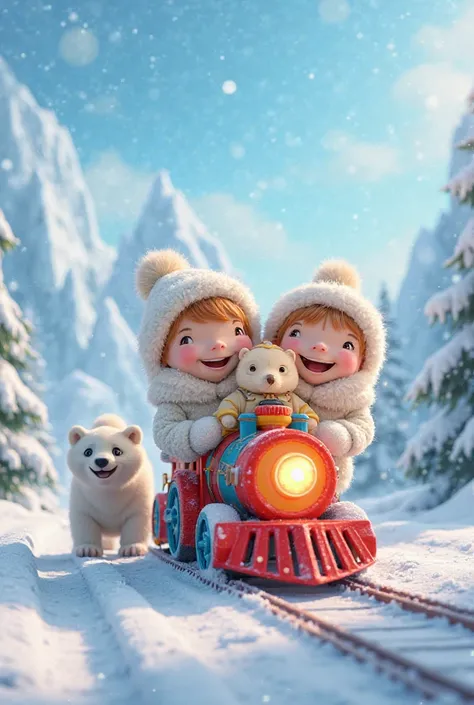 – Three happy ren in white winter coats ride a colorful toy train through a snowy landscape with icy peaks in the background. A friendly polar bear walks beside them, smiling.
