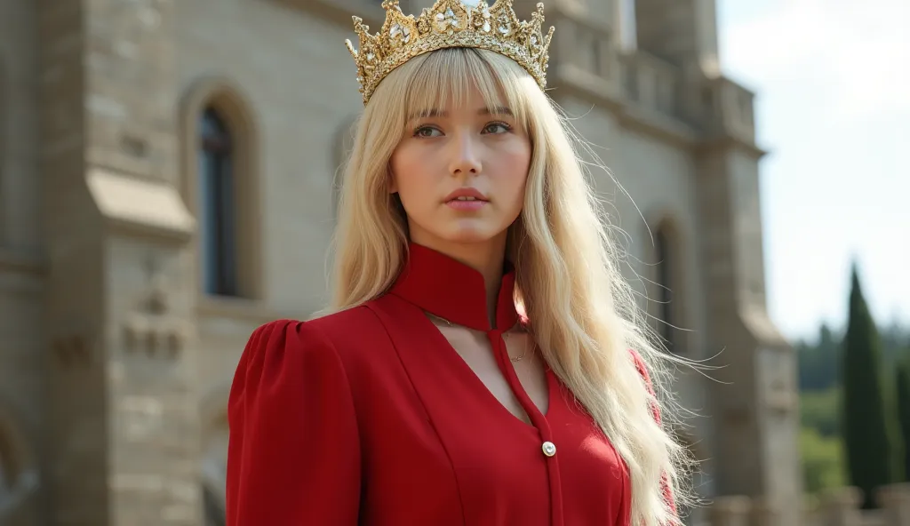 standing upright and looking at the front、Long haired blond white woman、Queen of the West、I'm wearing a red dress、Crown on head、Castle in the background、Conscriptive attitudes、blunt bangs