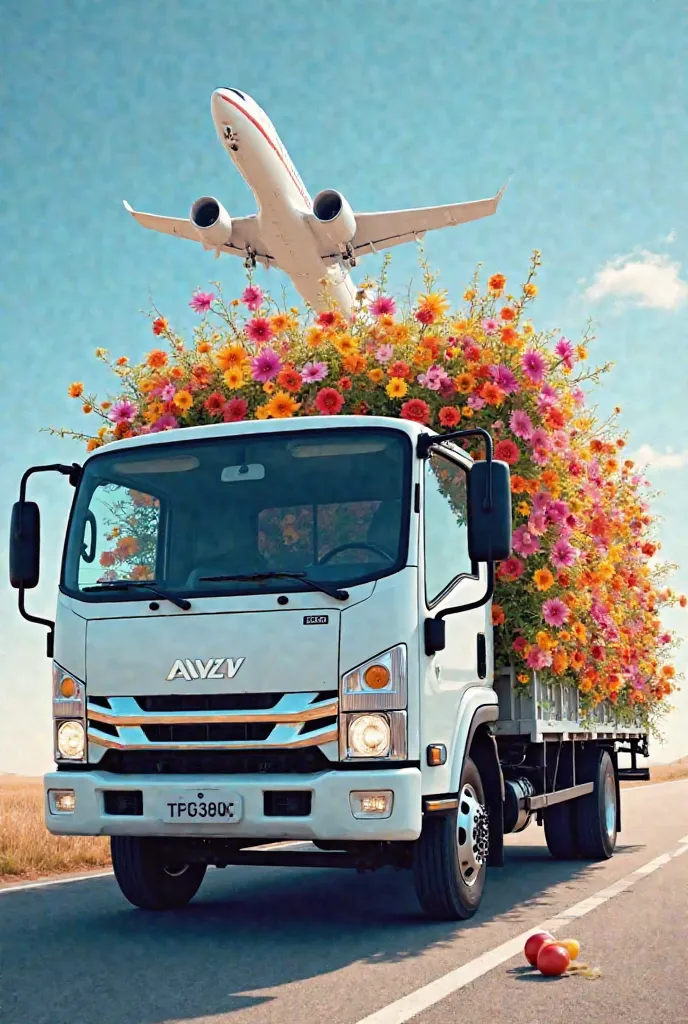 Front view there's a new white truck MAZ, full of flowers in the front, and a white airplane flies out from behind it. Promo image