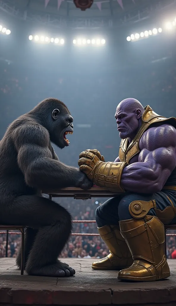 Inside a massive boxing ring, under the bright stadium lights, Thanos and King Kong are seated on heavy steel chairs, facing each other across a solid steel arm-wrestling table.

King Kong, in his natural gorilla form, sits with his powerful legs bent natu...