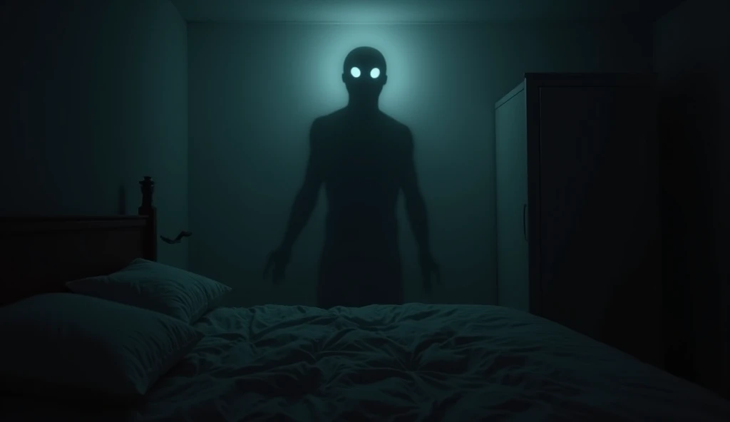 sleep paralysis, a man made of shadows in the corner of the room with glowing eyes