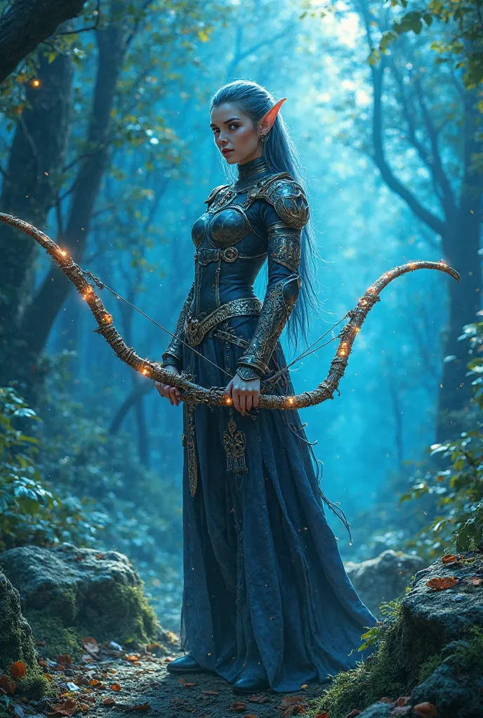 Fantasy elf warrior
Character: Elf woman with sharp ears, in elegant armor, holding a magic bow.
background: Blue-lit forest, magic runes glow on stones.