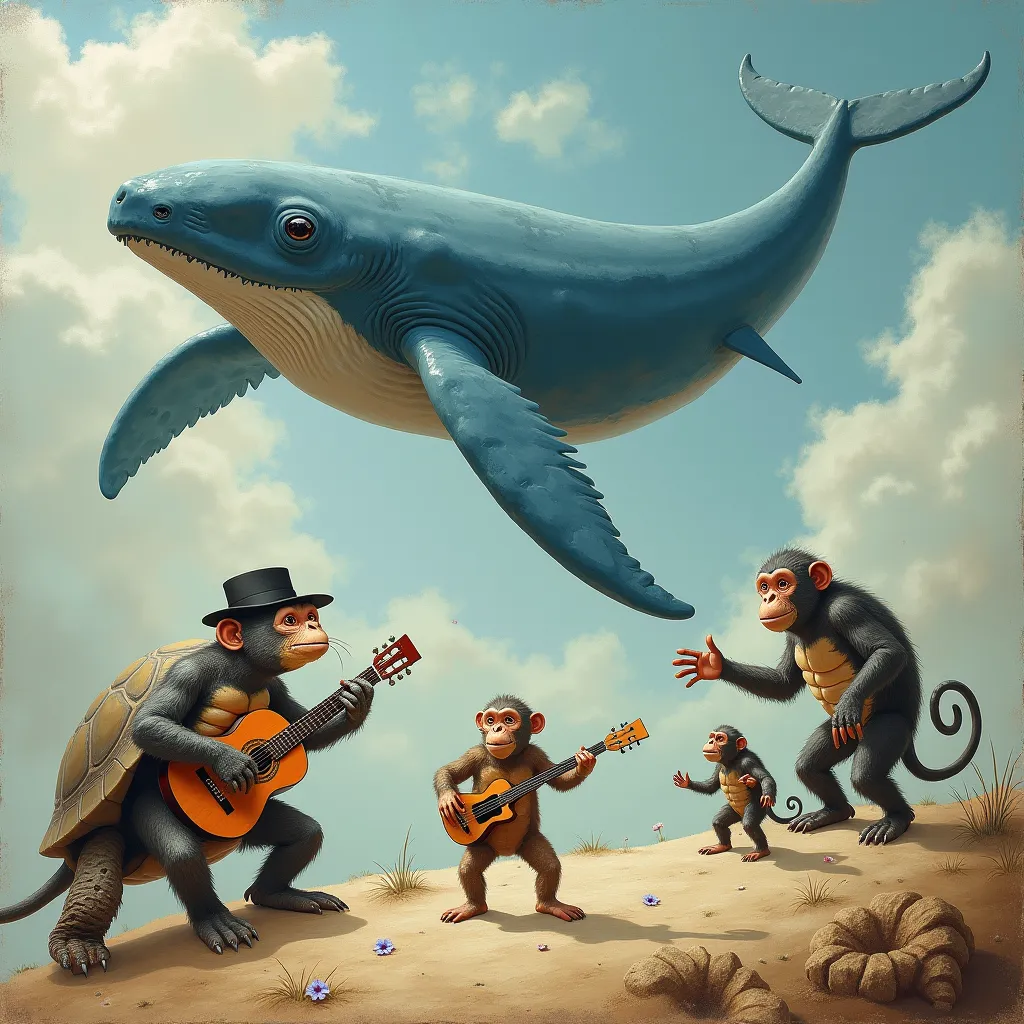 IT GENERATES A FLYING TURTLE, A LARGE BLUE WHALE FLYING, A CRAB WITH A HAT AND GUITAR AND IN THE BACKGROUND 2 MONKEYS SCRATCHING THEIR HEADS AND DANCING,  oil effect