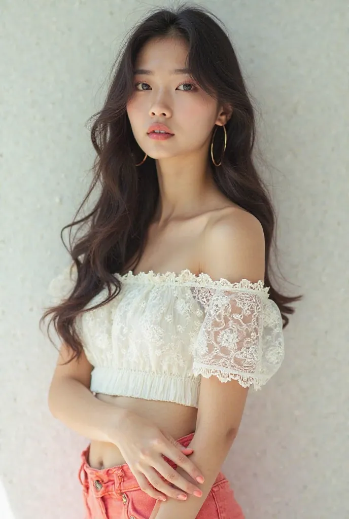 Create an image for panel wear A Korean model wearing fashionable casual lace off the shoulder crop top