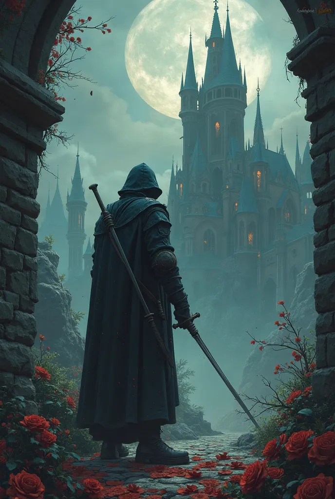 a close up of a person with a sword in front of a castle, poster art inspired by Paul Lehr, Artstation contest winner, gothic art, bloodborne art, castlevania inspired, anor londo, bloodborne cathedral, castlevania, old - school dark fantasy art, paul lehr...