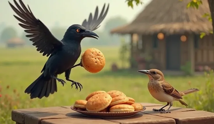  A kind black crow holding a round, freshly baked roti in its beak, flying towards the sparrow, who is eagerly waiting on a wooden table. The background features a cozy village scene with a small hut and green fields.