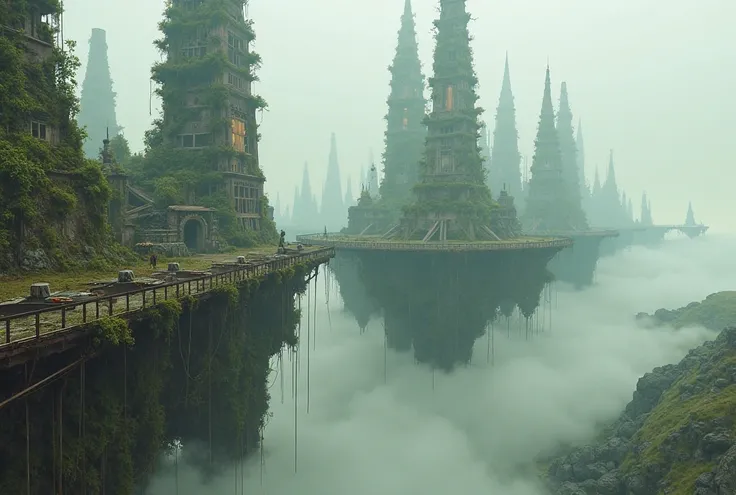 A post-apocalyptic floating city in ruins, suspended above the clouds. Crumbling skyscrapers covered in vines and moss stand in eerie silence, connected by broken sky bridges. The city is shrouded in a thick mist, with remnants of old civilization scattere...