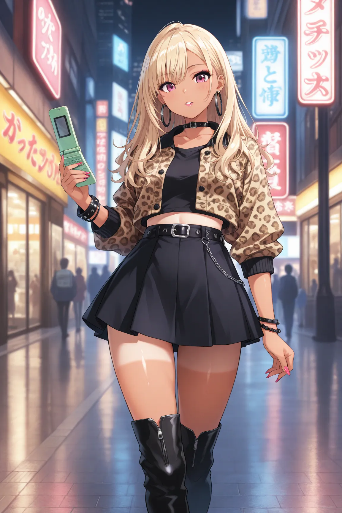 masterpiece, best quality, amazing quality, very aesthetic, high resolution, ultra-detailed, absurdres, newest, scenery, depth of field, volumetric lighting, A stylish 2000s Japanese gyaru girl with long, voluminous bleached blonde hair, deep tan skin, and...