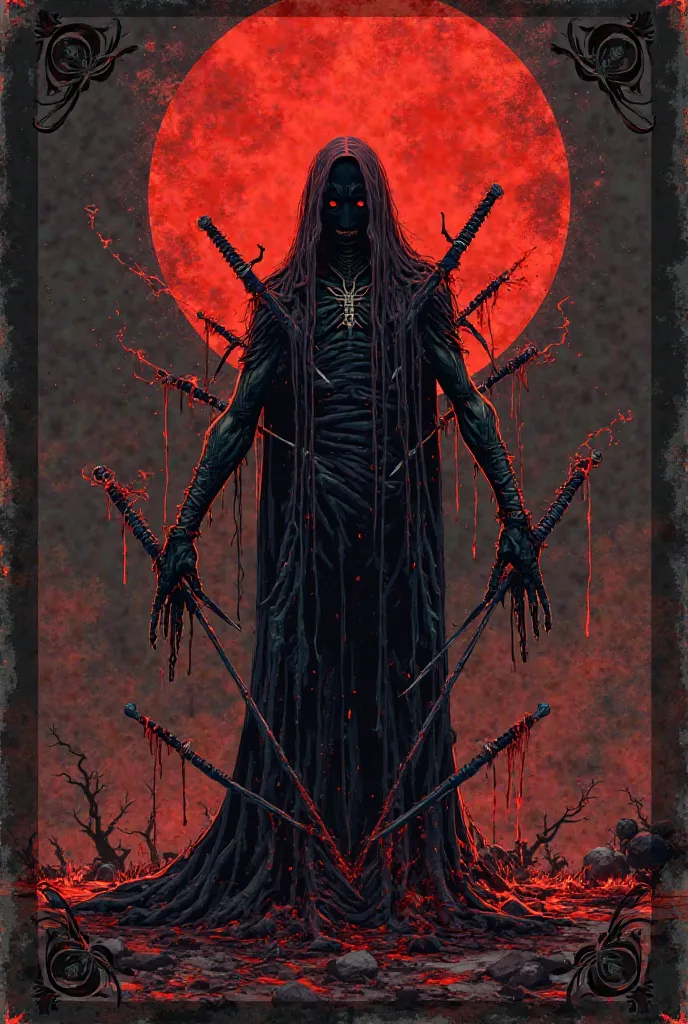 Tarot card 10 swords red moon red black palette mysticism horror anime blood spray