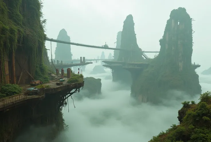 A post-apocalyptic floating city in ruins, suspended above the clouds. Crumbling skyscrapers covered in vines and moss stand in eerie silence, connected by broken sky bridges. The city is shrouded in a thick mist, with remnants of old civilization scattere...