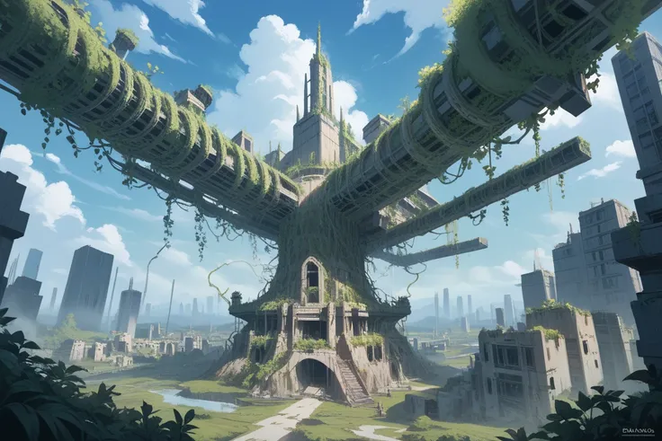 A post-apocalyptic floating city in ruins, suspended above the clouds. Crumbling skyscrapers covered in vines and moss stand in eerie silence, connected by broken sky bridges. The city is shrouded in a thick mist, with remnants of old civilization scattere...