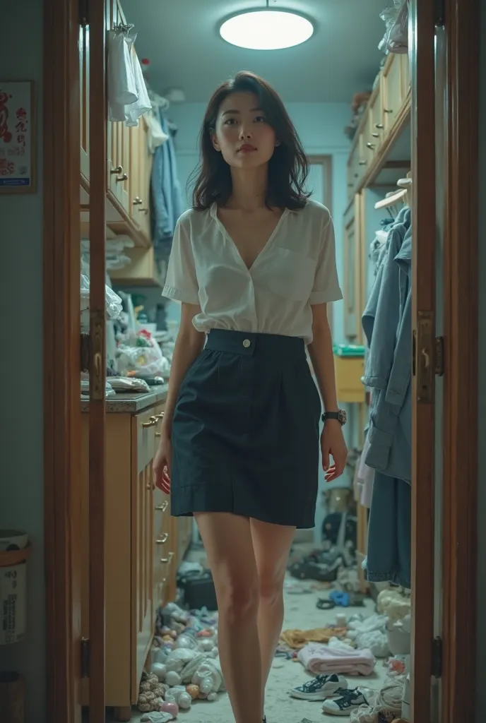 A young, beautiful Japanese woman returns home after a long tiring day, full body, round butt, Muji interior style room, She enters her small apartment, looking tired and overwhelmed. The room is messy with too many things, clothes scattered around and a g...