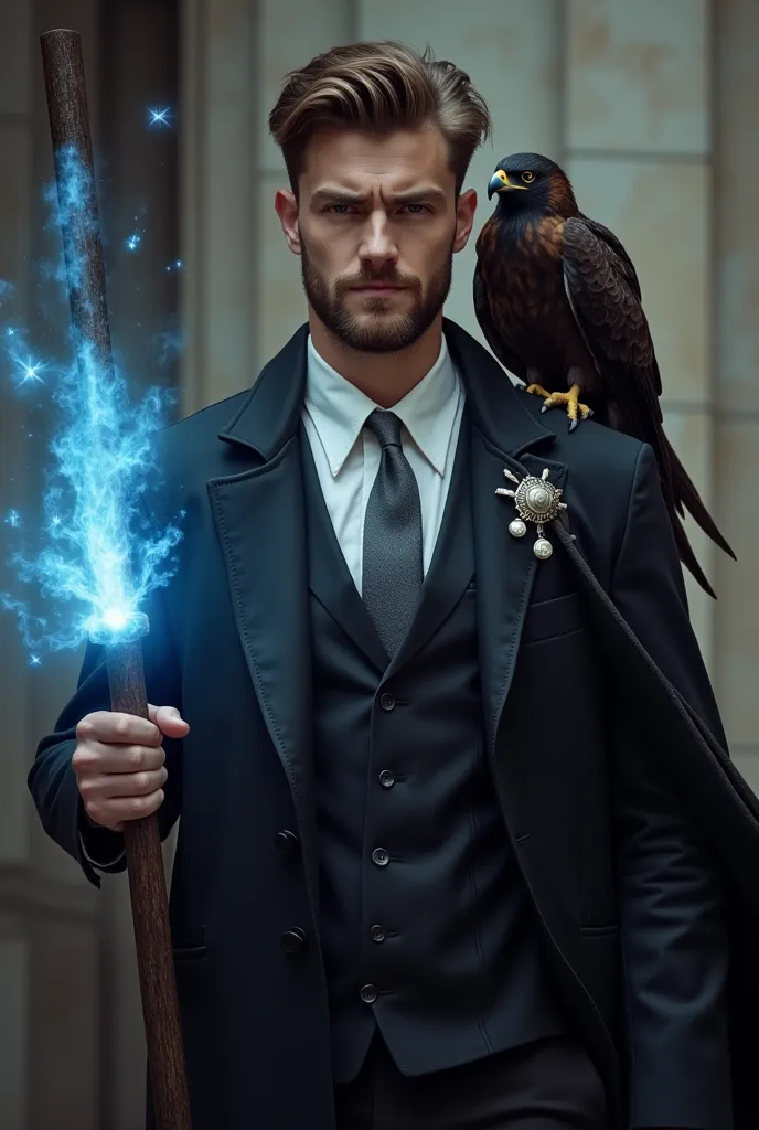 Handsome brown-haired man with short beard dressed in a black suit wearing a white shirt and a gray tie with a pilgrim falcon on his shoulder who wears a flail wrapped in blue magic in combat posture l