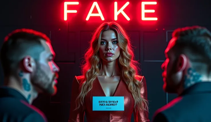 A stunning, AI-generated woman with long, wavy hair, wearing an eye-catching outfit. On the left, a shocked man with tattoos covers his mouth, looking surprised. The background is dark with a subtle grid pattern. Bold red text at the top says "FAKE." with ...