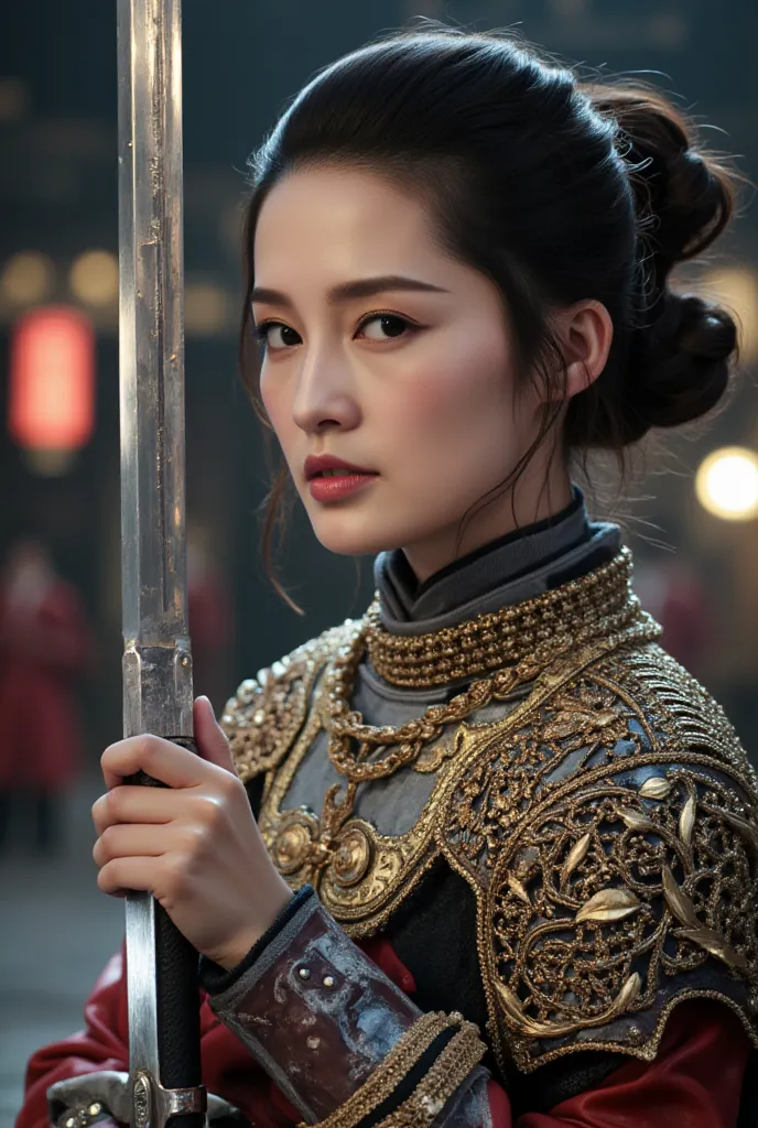 Close up, A battle scene in which a sexy female wuxia lands in heavy golden armor、Place one hand on the floor and hold the wuxia long sword horizontally in front of your face.、Intricate chain mail that fits the body perfectly、sexy， Serious Eyes、Low fightin...