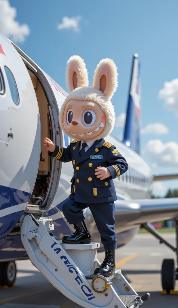 A cheerful, cartoonish Labubu wearing a professional pilot uniform with a name tag that says "MADECI." He is stepping into the cockpit of a modern airplane. The plane's exterior is white and blue, with "MADECI" written on the side. The background shows a b...