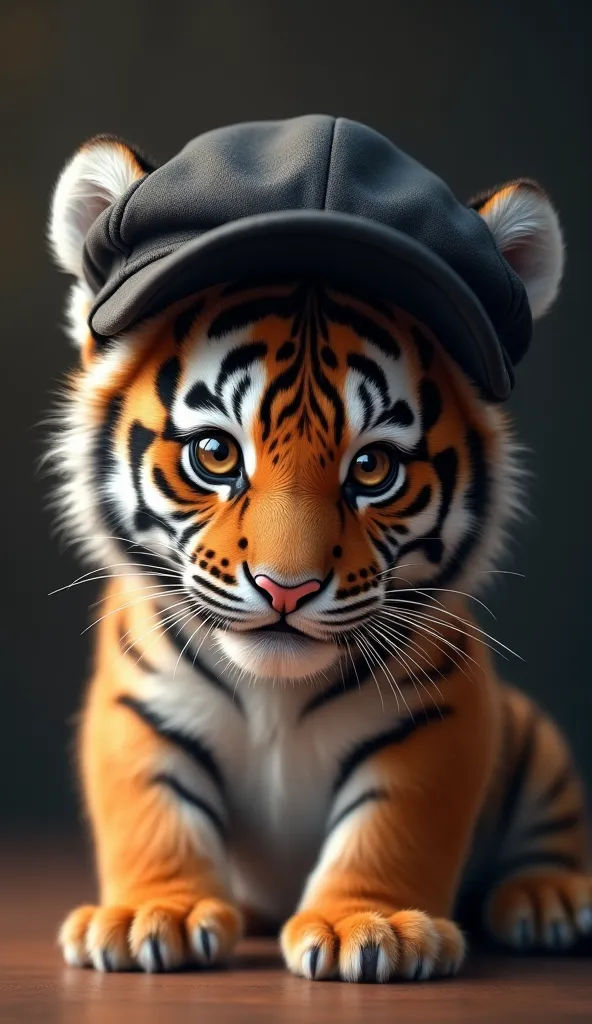 "A hyper-realistic digital painting of an adorable baby tiger cub wearing a stylish, slightly tilted black cap. The cub's deep brown eyes are full of warmth and curiosity, reflecting soft ambient light with intricate detail. Its fur is a beautiful blend of...