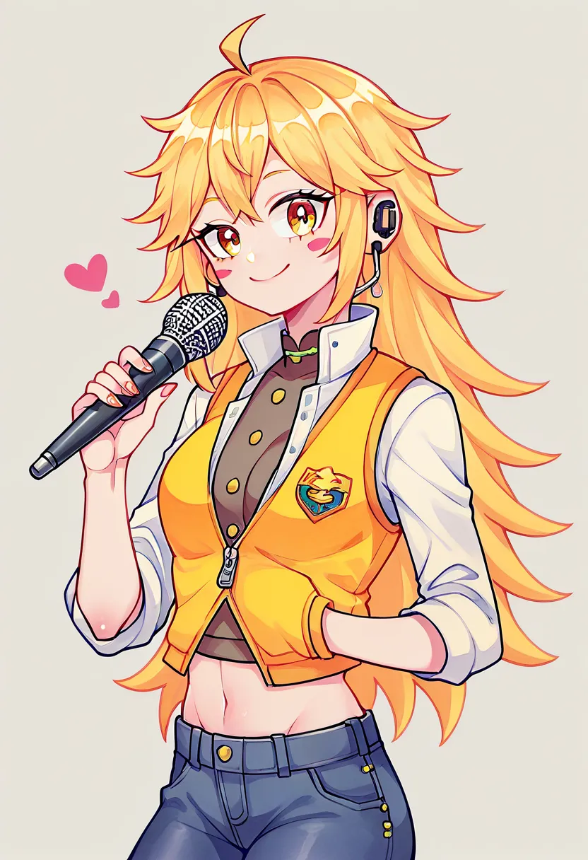 tall female, blonde female singer, blonde hair, long hair, earpiece microphone, yellow puffer vest, high quality puffer vest, High Neck Sleeve, open zip vest, long pants, looking at viewer, sweet smile, chie_rico style, anime illustration, hand drawn quali...