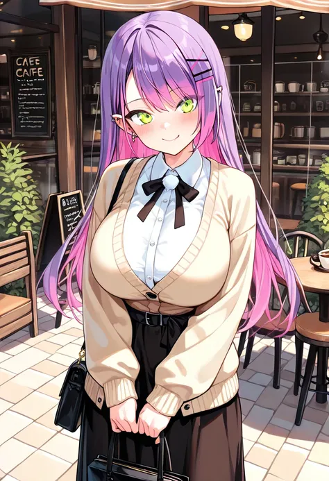 (Best Quality , 8k , masterpiece , incredibly absurdres , perfect body , super detailed skin , highly detailed eyes and face , 1 woman ) , tokoyami towa , purple Hair , Green eyes , smile ,  will be happy , (  shirt , cardigan , long skirt , Small bag  , c...