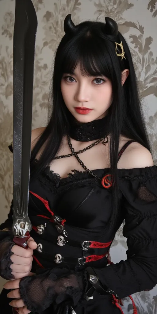 Tentu! Berikut adalah prompt yang saya gunakan:  

**"A highly detailed portrait of a mysterious woman with long black hair and bangs, two small black horns, and a serious yet seductive expression. She has piercing eyes and wears a black armored dress ador...