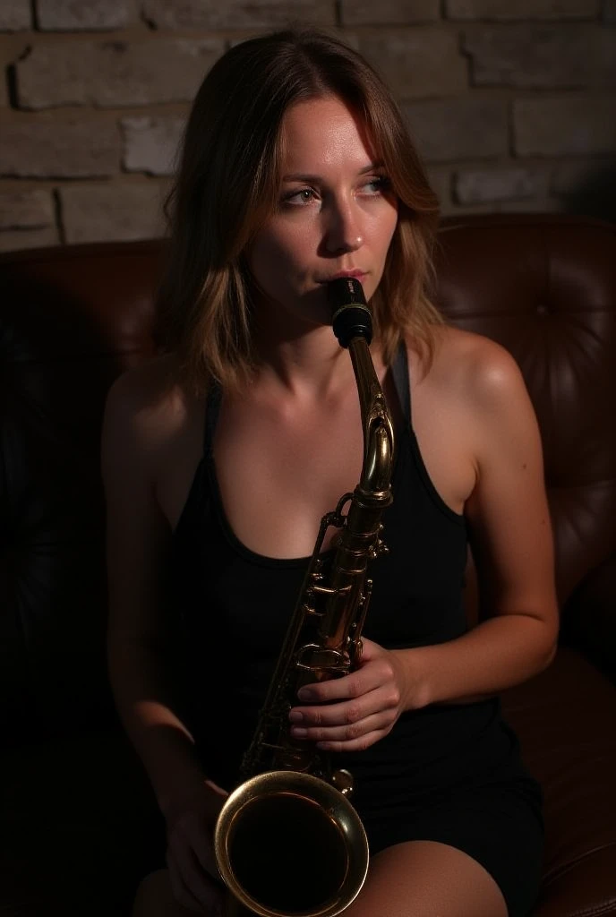 close up of a arafed woman sitting on a dark leather couch, "sensual eyes open looking at you", playing a saxophone, The woman is light-skinned and has shoulder-length, light brown hair, She is wearing a black low cut, sleeveless dress that looks like a fo...