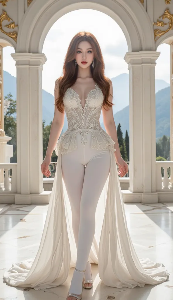 Redhead woman with natural hair in waves,  emerald-green eyes , she wears futuristic very elegant and ornate white dress, she is in a huge white and gold royal hall, windows under huge arch open to a mountain landscape. extensive makeup and jewellery, high...