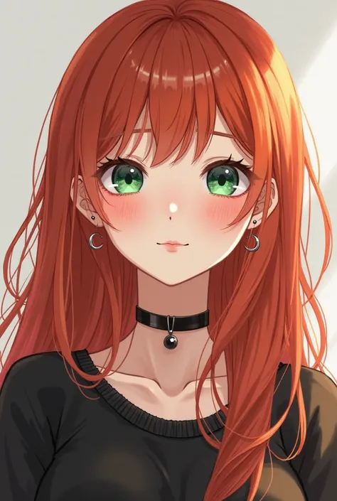 anime styles, ginger red long hair, korean bangs, cute, green big eyes, blush, black sweater, black choker, flawless complexion, light makeup