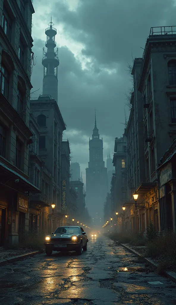 A dark, foreboding cityscape at twilight, where shadows stretch long and the air is thick with the weight of an unseen storm. The sky above is an oppressive shade of deep gray, swirling with ominous clouds that block out any trace of sunlight. In the foreg...