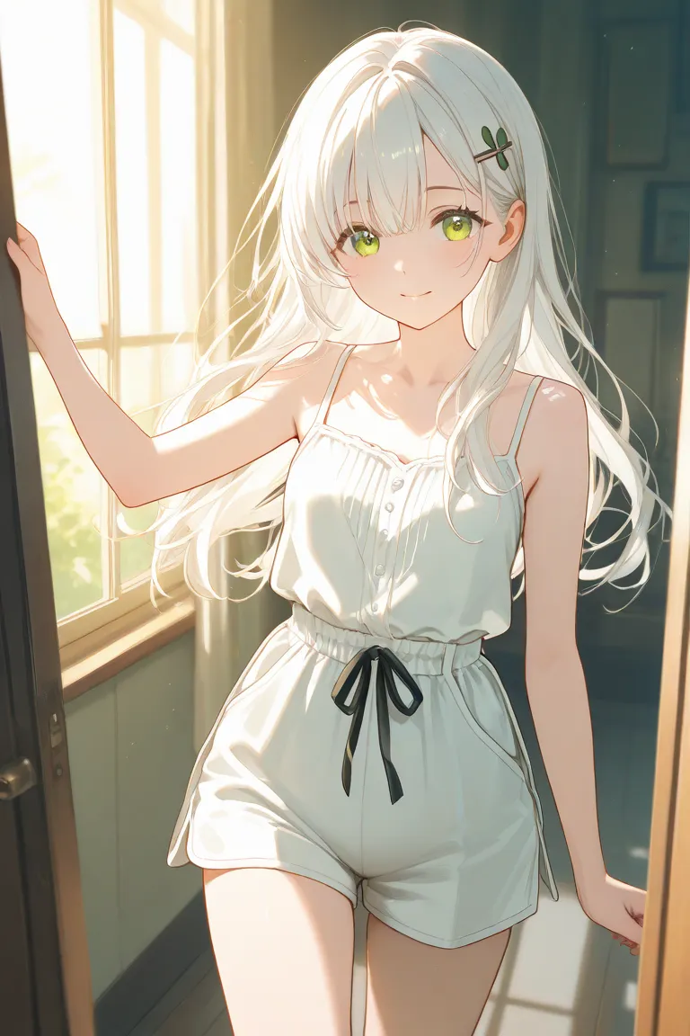 white hair, loose loose hair, green eyes, white light top,  white shorts , cross hairpin, medium chest, miniature body, sucks penis