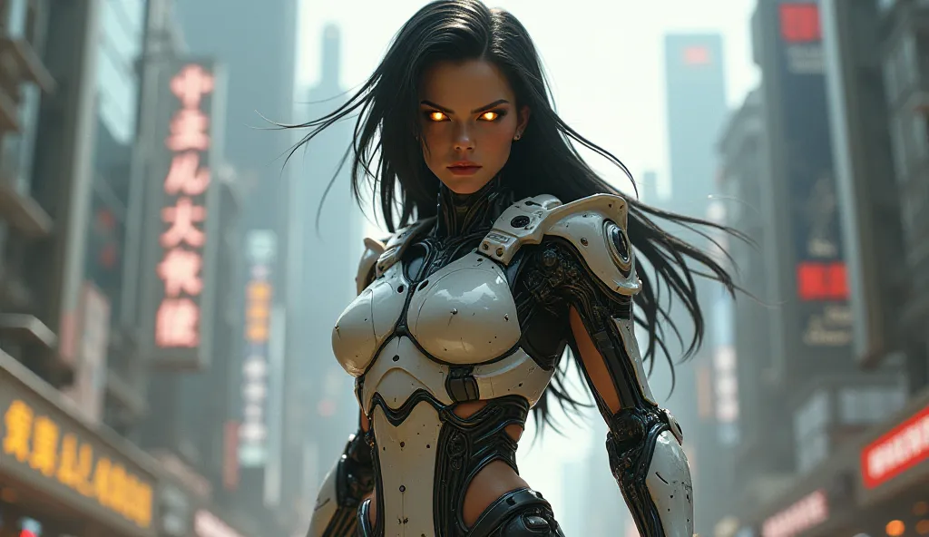 Alita battle angel ready for war, in background high-tech city. 