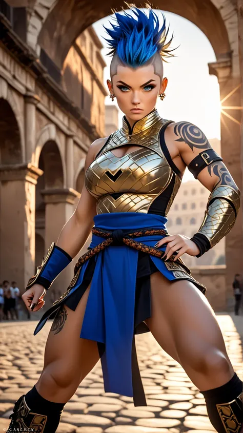 A young, tattooed English punk warrior woman of tall, imposing stature, wearing shiny bronze armor that highlights her strong, feminine muscles. Her face is of rare beauty, with elegant features and an expression of determination and strength.
Her tattooed...