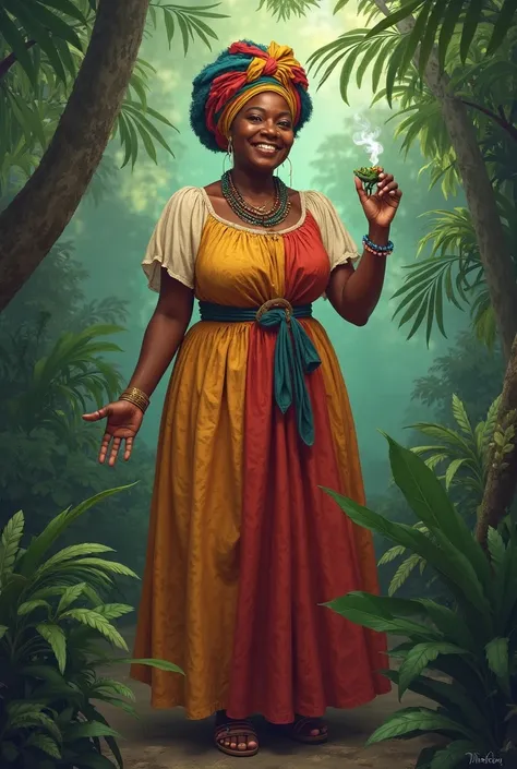 The image shows an Afro-Venezuelan woman of whole body slightly gained weight, dressed like a historical slave, in a jungle environment. She wears a long and loose cotton dress , slightly worn but elegant, with puffed sleeves and a flowing skirt this dress...