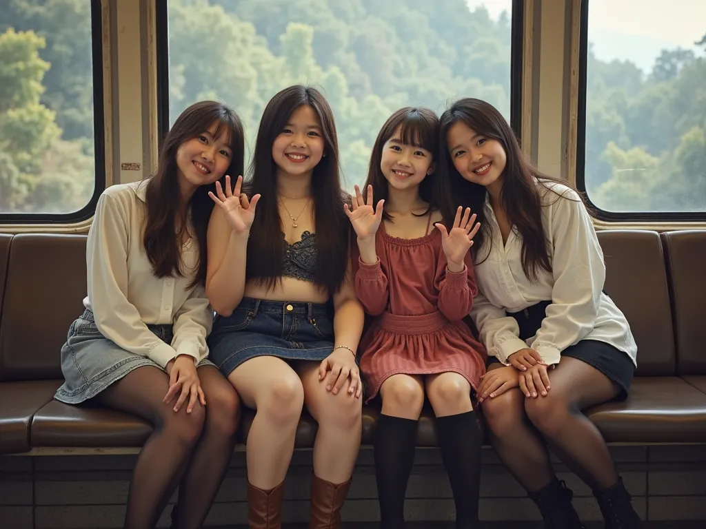 photo by canon, four famboys chubby 6years  sitting on train seat, hands up, View Photographer, whole body, (Smiling at the photographer), national dress, High boots, Clothes that show the open chest、Thin and long elbows、(wearing a open breast top, mini sk...