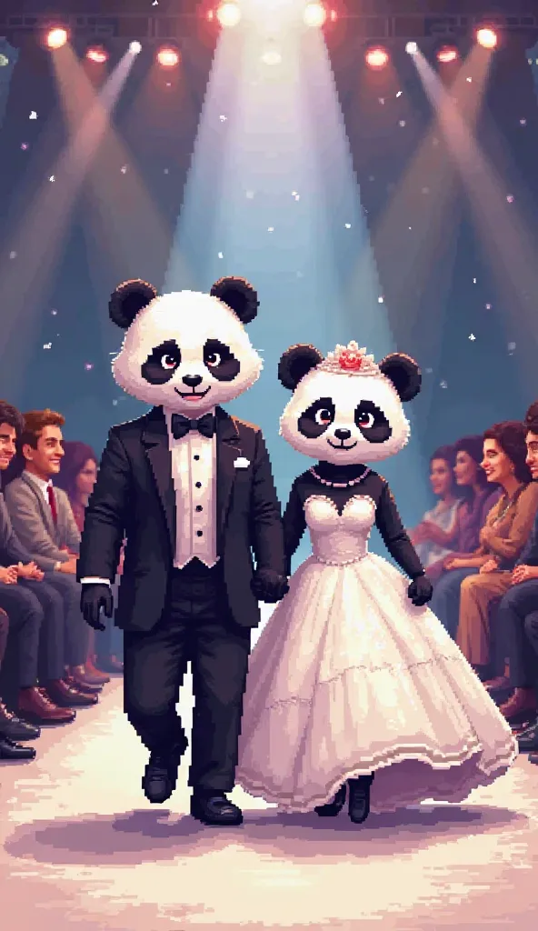 Create an image of a pixel art-style panda couple walking down a runway. The male panda is wearing a stylish tuxedo, while the female panda is dressed in a beautiful wedding gown. The setting is a glamorous fashion show runway, with bright spotlights shini...