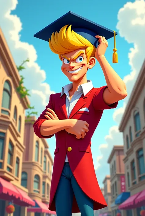 johnny bravo with a graduation hat on his head