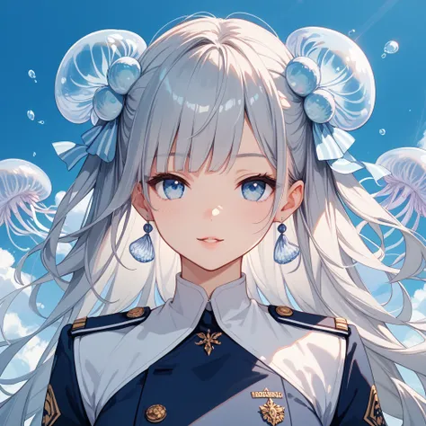 1 woman、Gray Hair、light blue eyes、 jellyfish hair 、 beautiful and cute、uniform、 white solid background for background