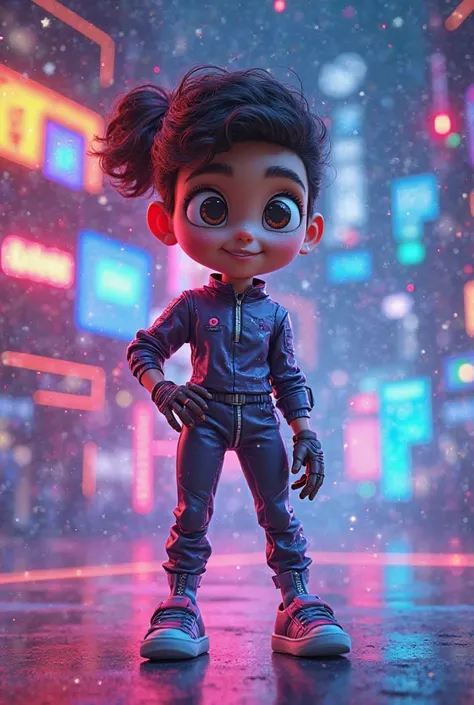 "Create a vibrant and dynamic animated character representing a modern tech and entertainment channel. The character should be youthful, energetic, and stylish, with a futuristic yet friendly design. They should have expressive eyes, a confident smile, and...