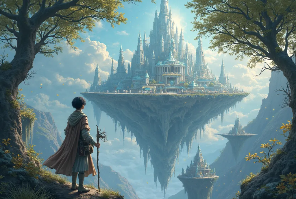 A mystical floating elven city suspended in the sky, bathed in a soft magical glow. Towering crystalline structures shimmer with ethereal light, and ancient trees with glowing leaves support grand palaces. Floating islands surround the city, connected by d...