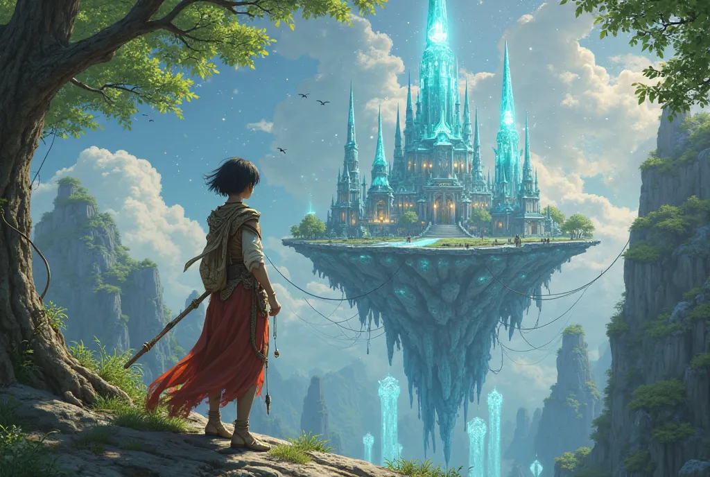 A mystical floating elven city suspended in the sky, bathed in a soft magical glow. Towering crystalline structures shimmer with ethereal light, and ancient trees with glowing leaves support grand palaces. Floating islands surround the city, connected by d...