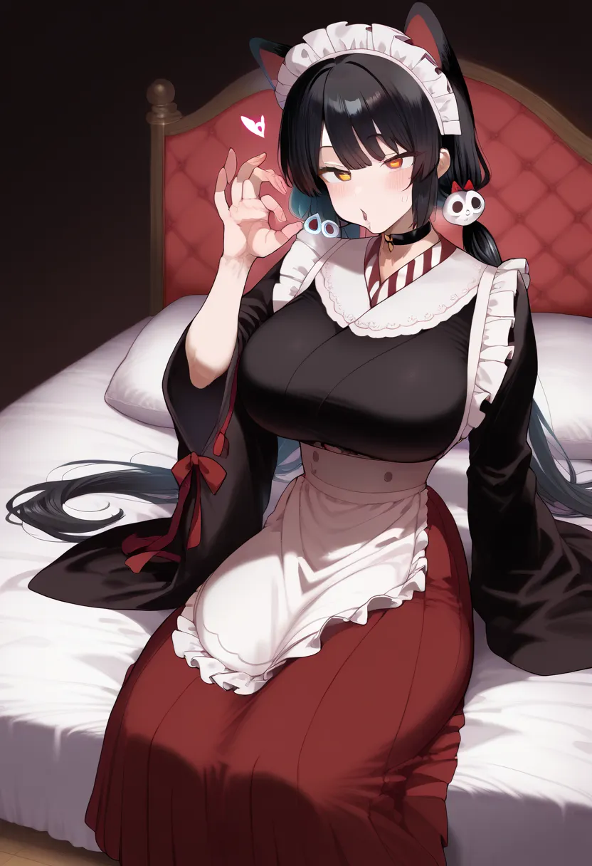 Hyper realistic, it1, flower, twintails, low twintails, very long hair, Dog girl 、 black hair、 girl sitting on bed 、
choker, maid headdress, black kimono, wide sleeves, frills, Heart, white apron, sleeves past wrists, skirt, red skirt, perfect face, perfec...