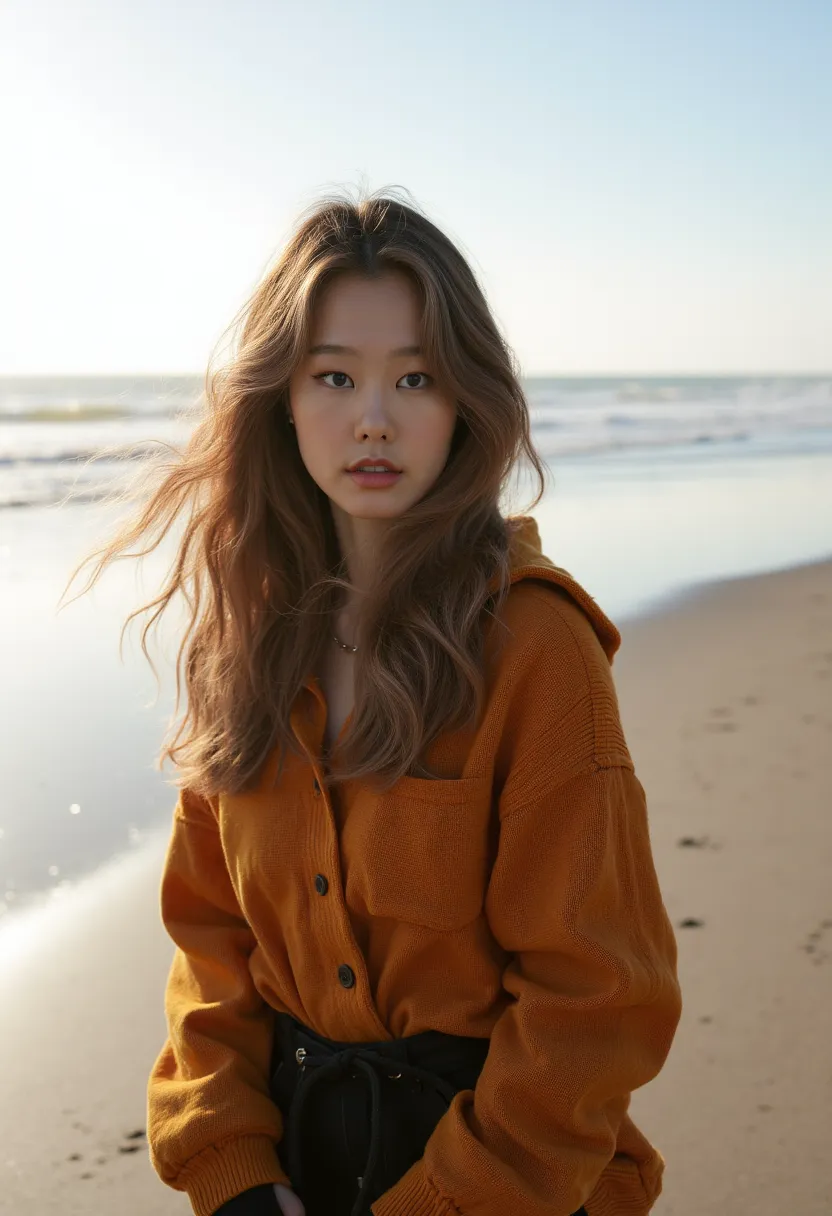 39Daph posing for the camera on the beach, sea behind her, autumn outfit, beautiful scenery, early morning, windy  