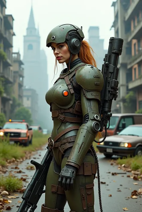 Post-apocalyptic artifact hunter
character: Woman in Armor, made of scrap metal, with a shotgun behind her, one cybernetic hand.
background:  ruined metropolis, overgrown with plants, broken cars on the road.