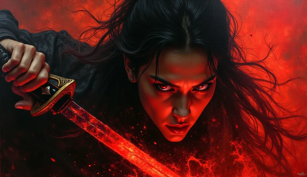  A dramatic oil painting in the style of Caravaggio, capturing a female samurai in a powerful close-up moment as she swings her enchanted sword. The red-glowing inscriptions cast a spectral panther into the dark surroundings. Her red eyes burn like embers,...